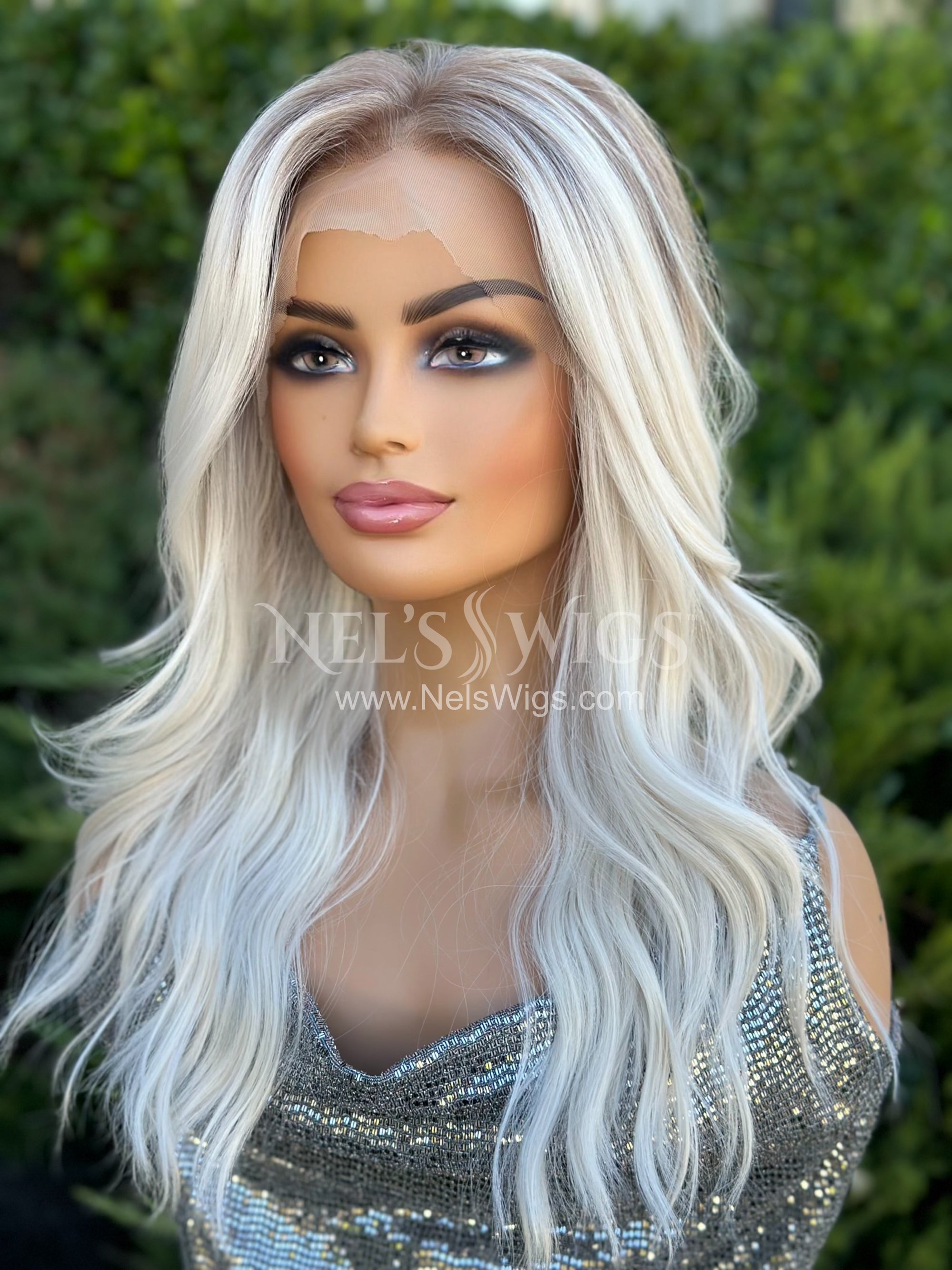 Reese -  Icy Blonde with Dark Dirty Blonde Roots / Large Cap