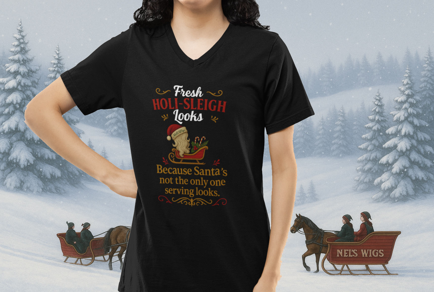 🎅 'Fresh Holi-Sleigh Looks' – Nel's Wigs V-Neck Tee 🎄 - Final Sale