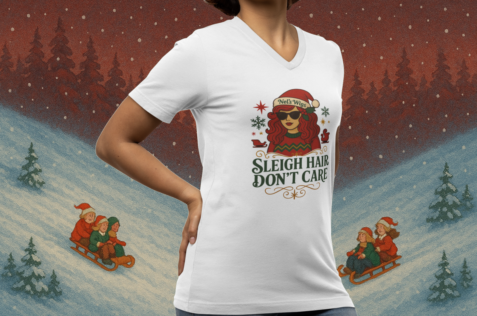 🎅 'Sleigh Hair Don’t Care' – Nel’s Wigs V-Neck Tee 🎄 - Final Sale