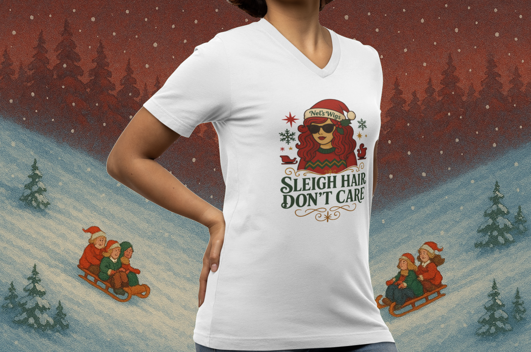 🎅 'Sleigh Hair Don’t Care' – Nel’s Wigs V-Neck Tee 🎄 - Final Sale