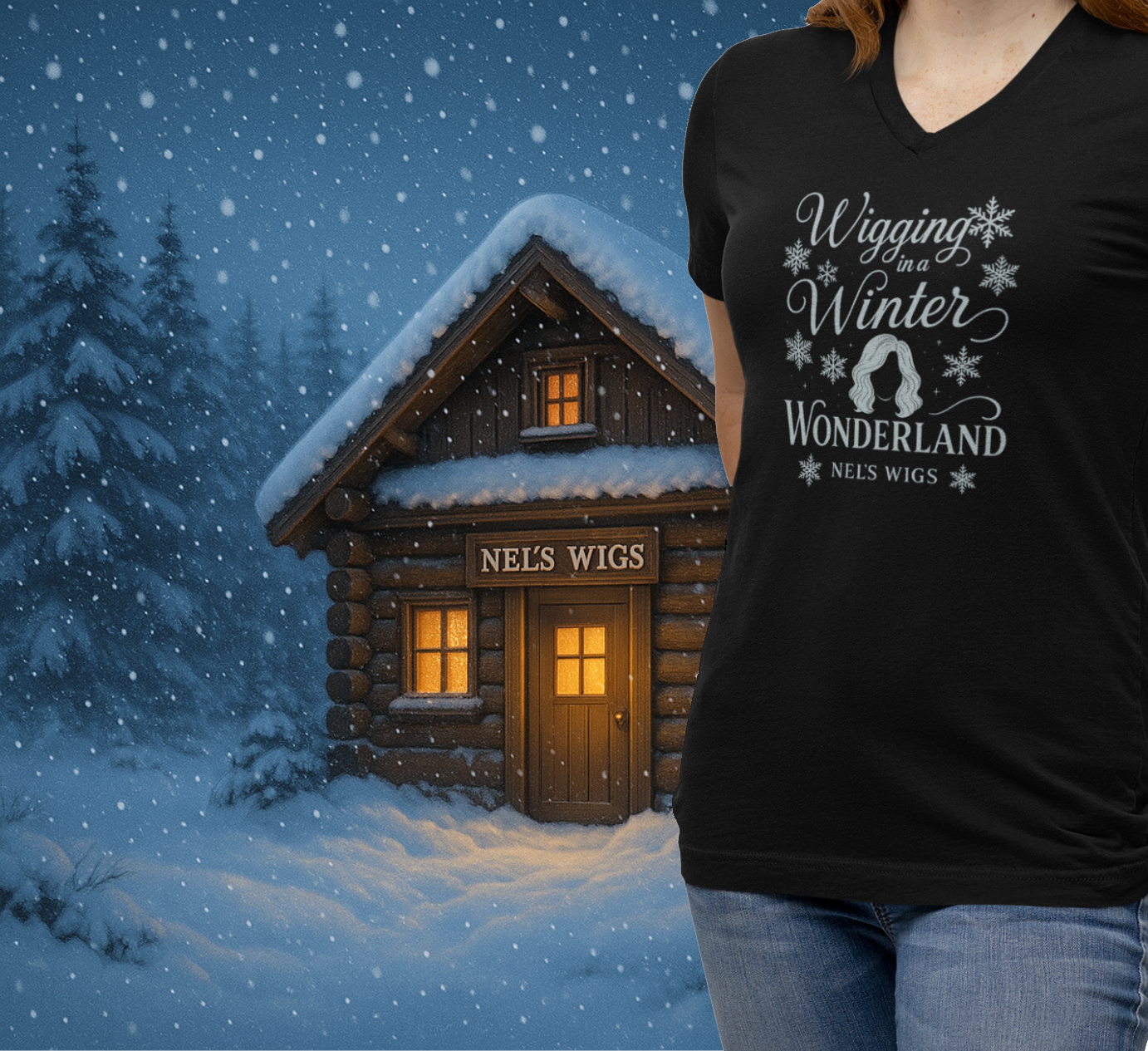 ❄️ 'Wigging in a Winter Wonderland' – Nel's Wigs V-Neck Tee ❄️- Final Sale
