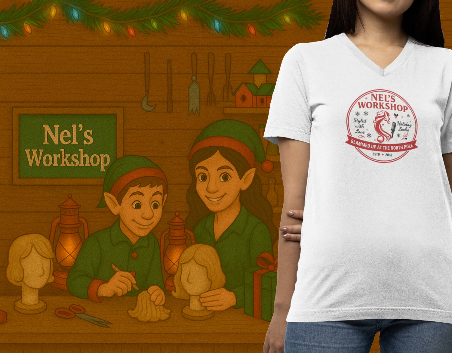 🎄 'Nel’s Workshop – Glammed Up at the North Pole' - Nel's Wigs V-Neck Tee 🎁 - Final Sale